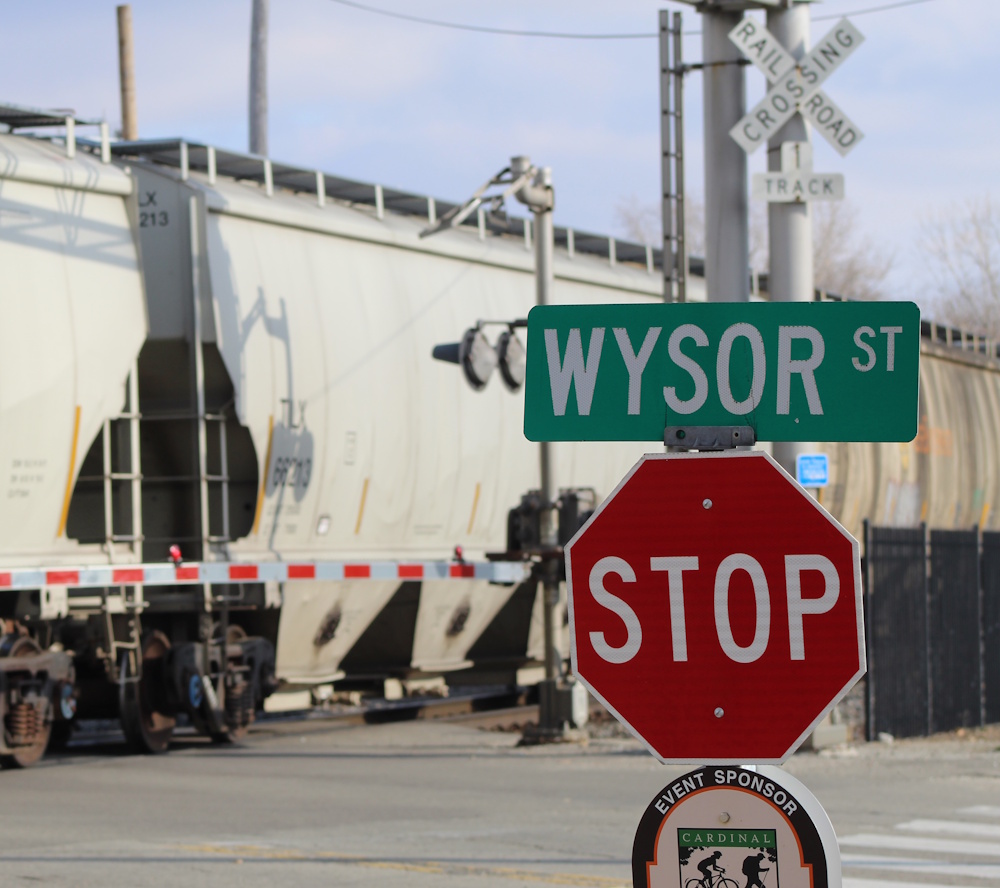 Train blocking a road crossing